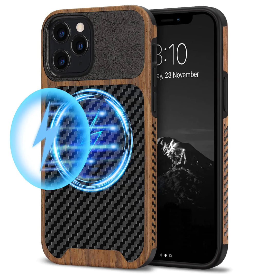 TENDLIN Compatible with iPhone 12 Case/iPhone 12 Pro Case Wood Grain with Carbon Fiber Texture Design Leather Hybrid Case Black