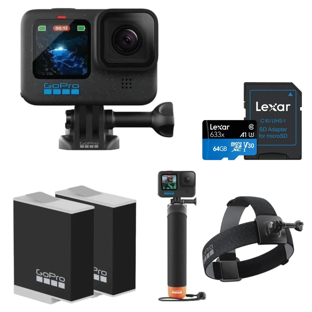 GoPro HERO12 Black Action Camera with Bundle 2X Rechargeable Batteries Go Pro Handler (Floating Hand Grip) Head Strap 2.0 Mounting Buckle + Thumb Screw Extreme Sport Hero 12