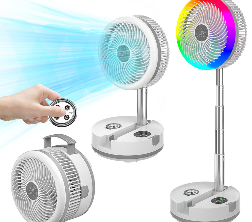 Neofeel Portable Oscillating Standing Fan, 40000mAh Rechargeable Battery Operated Fan with Remote/Timer, RGB Lighting Fan, Pedestal Floor Fan for Bedroom Party Camping (White, 40000mAh)