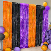 KatchOn Orange Black and Purple Foil Fringe Curtain - XtraLarge 3.2x6.5 Feet Pack of 2 | Halloween Streamers for Halloween Decorations | Halloween Backdrop Curtain for Halloween Party Decorations