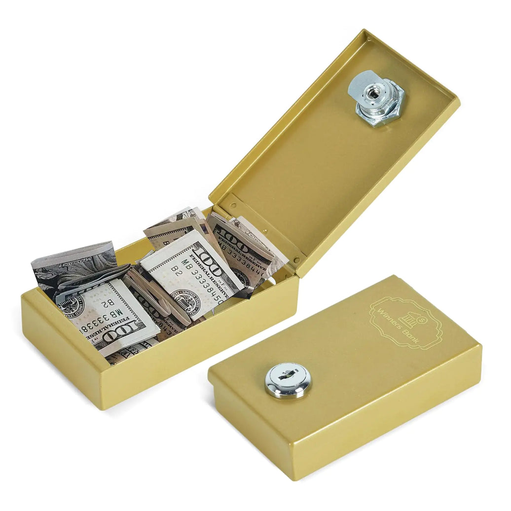 Metal Box for Gambler - Winners Bank Portable Safe Casino Money Pocket Sized Cash Box with Key Go Home Money - Golden