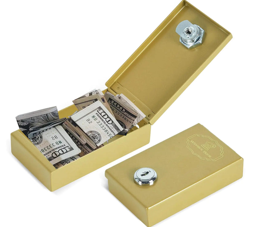 Metal Box for Gambler - Winners Bank Portable Safe Casino Money Pocket Sized Cash Box with Key Go Home Money - Golden