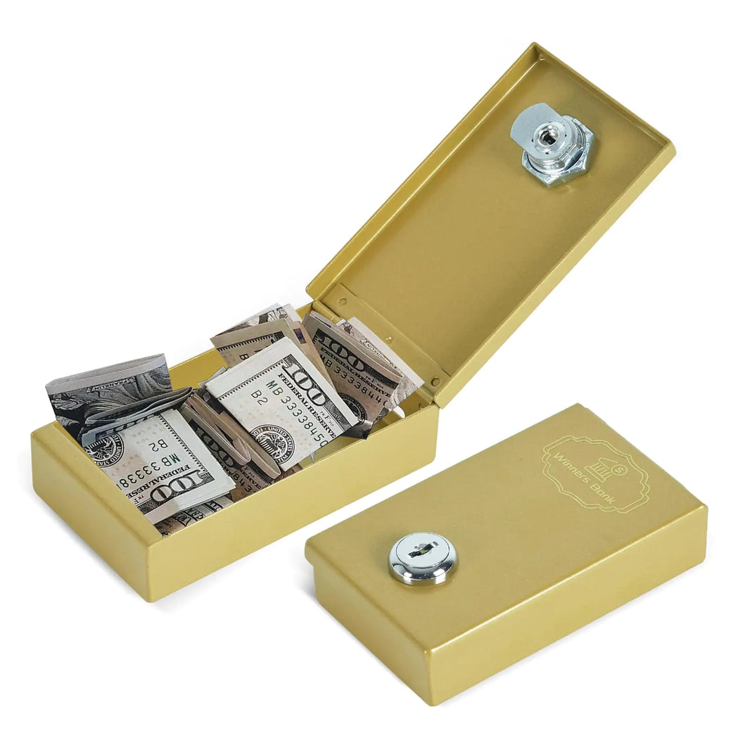 Metal Box for Gambler - Winners Bank Portable Safe Casino Money Pocket Sized Cash Box with Key Go Home Money - Golden