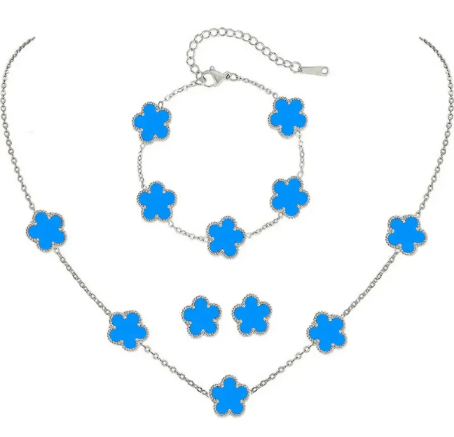 Elegant Five-Leaf Flower Jewelry Set – Titanium Steel Bracelet, Necklace & Stud Earrings