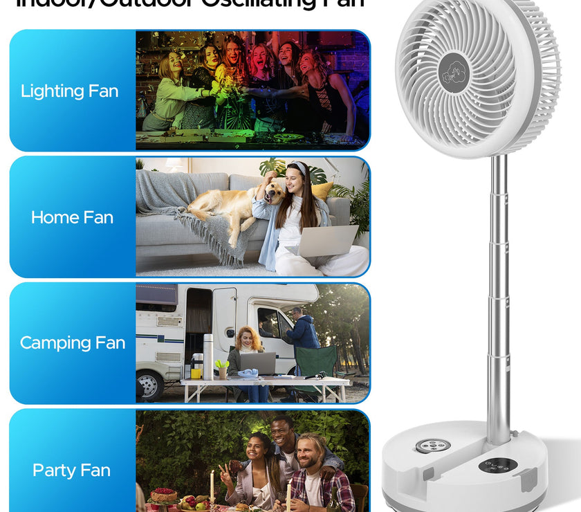 Neofeel Portable Oscillating Standing Fan, 40000mAh Rechargeable Battery Operated Fan with Remote/Timer, RGB Lighting Fan, Pedestal Floor Fan for Bedroom Party Camping (White, 40000mAh)