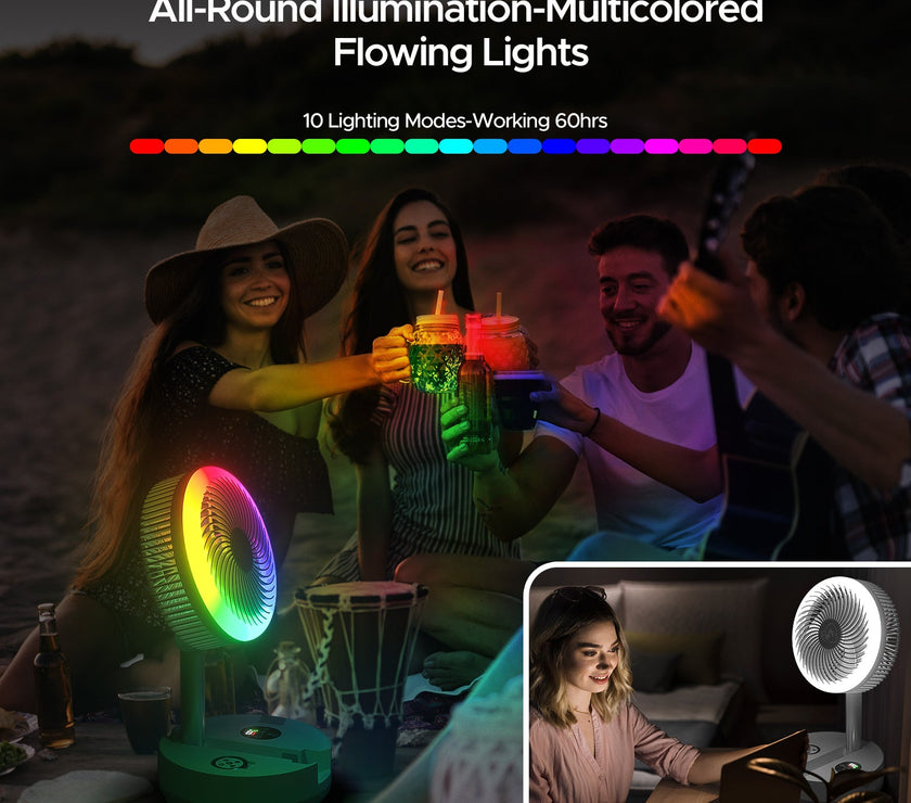 Neofeel Portable Oscillating Standing Fan, 40000mAh Rechargeable Battery Operated Fan with Remote/Timer, RGB Lighting Fan, Pedestal Floor Fan for Bedroom Party Camping (White, 40000mAh)