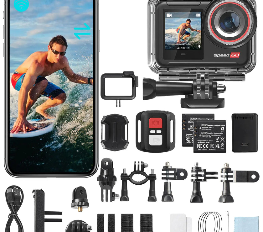 Hiicam Action Camera Speed 60 4K60FPS 48MP WiFi with 2.35" HDR Touch Screen EIS 8X Zoom Remote ControlBare Machine Waterproof 33FT with Waterproof Case 131FT 2x2150mAh Battery 30 Burst Vlog Camera