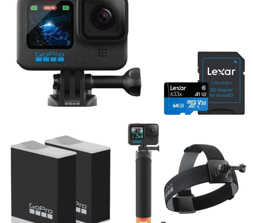 GoPro HERO12 Black Action Camera with Bundle 2X Rechargeable Batteries Go Pro Handler (Floating Hand Grip) Head Strap 2.0 Mounting Buckle + Thumb Screw Extreme Sport Hero 12