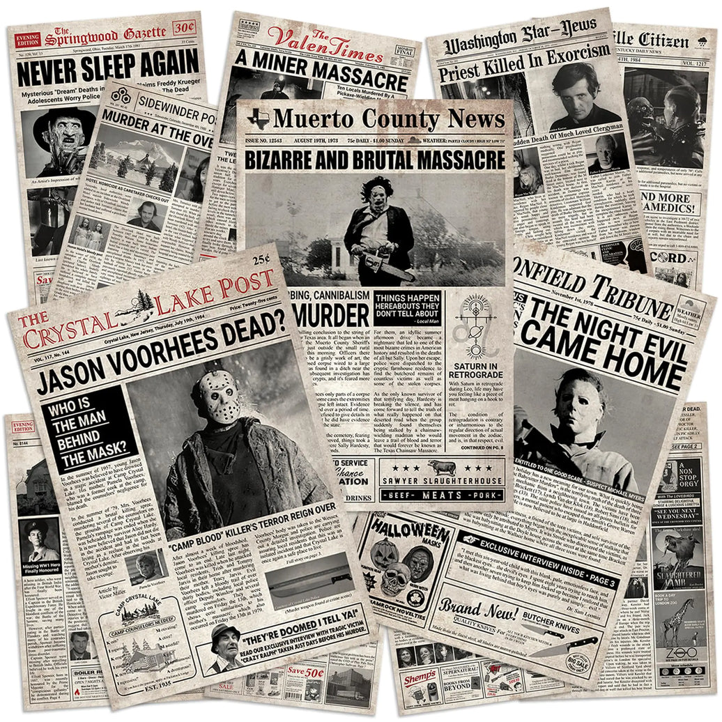 AMD PRINT 12 Pcs Newspaper Horror Posters (8”x12”) Horror Decor Halloween Poster Scary Posters And Horror Wall Art Decor Perfect Retro Bedroom Decor And Vintage Horror Decor - Unframed
