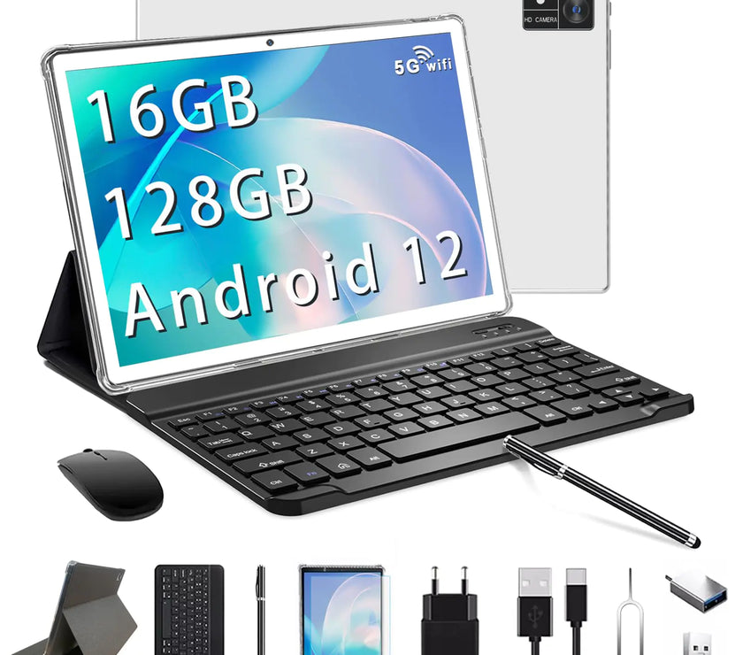 Tablet 10 inch Android 12 Tablets with Keyboard 128GB ROM 16(8+8)GB RAM 1TB Expand 2.4G/5G WiFi Tablet Octa-Core 1920 * 1200 IPS Display 13MP Camera 7000mAh GPS ZONKO Tablet with Case Mouse Silver