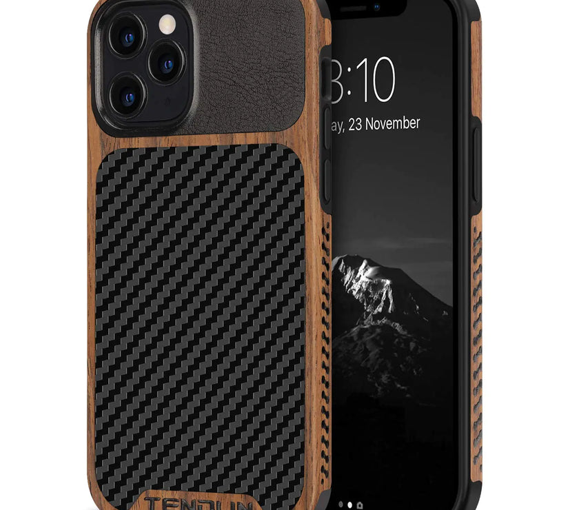TENDLIN Compatible with iPhone 12 Case/iPhone 12 Pro Case Wood Grain with Carbon Fiber Texture Design Leather Hybrid Case Black