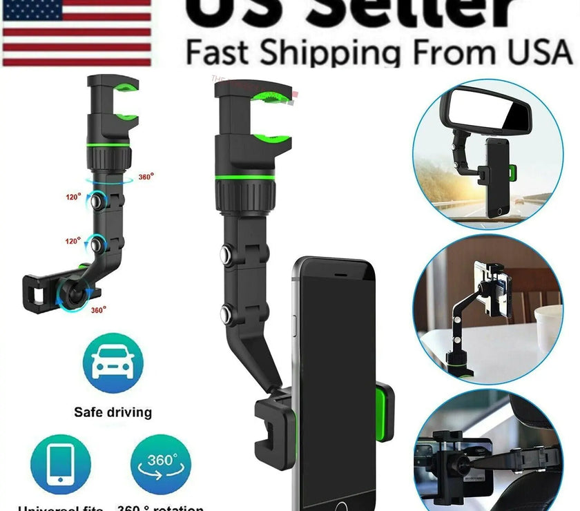 360° Car Rearview Mirror Rotation Adjustable Phone Holder Mount Multifunction