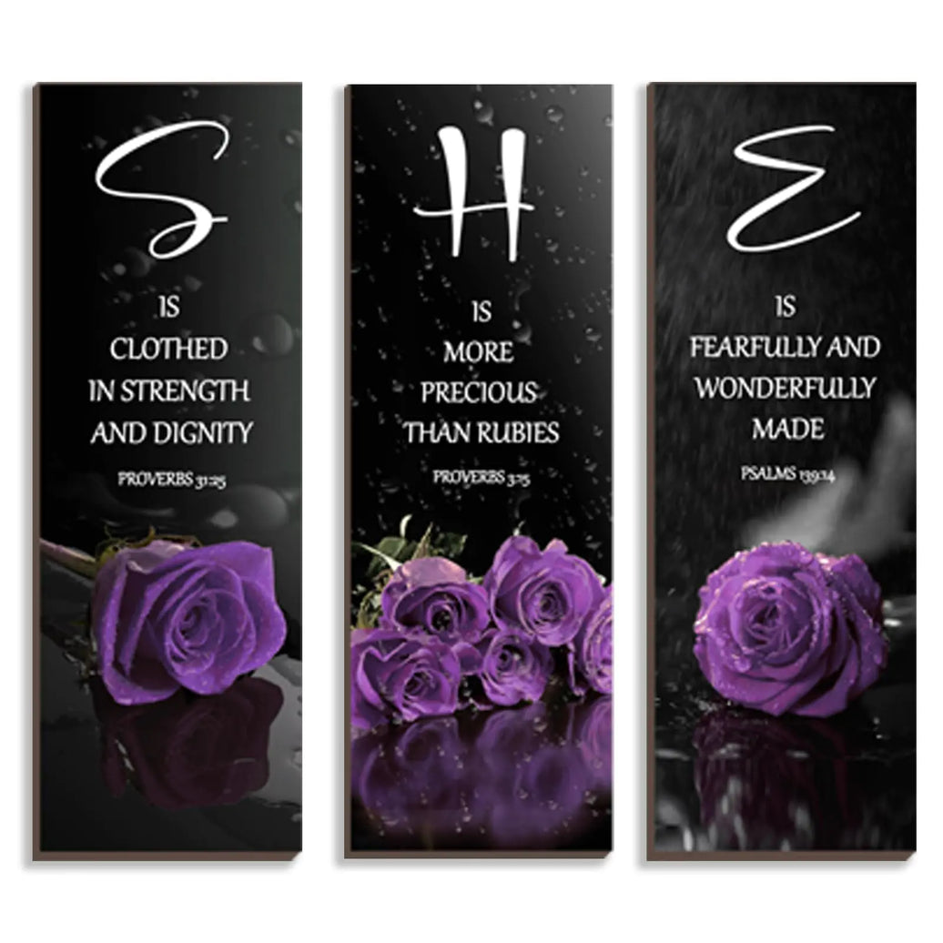 DONFENTHY 3 Pcs Purple Bedroom Decor Purple Rose Wooden Wall Decor Purple Bathroom Decor Inspirational Farmhouse Office Signs With SHE Bible Words Decor For Women Girl Bedroom Home(Purple 12x4Inch)