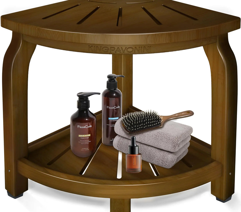 KingPavonini Bamboo Corner Shower Stool for Shaving Legs Foot Rest Waterproof Bath Bench Seat with Storage Shelf for Bathroom Inside Shower Hold Up to 450Lbs