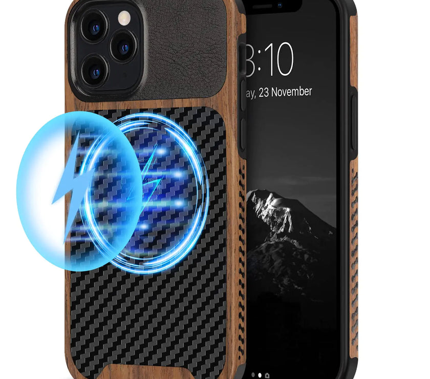 TENDLIN Compatible with iPhone 12 Case/iPhone 12 Pro Case Wood Grain with Carbon Fiber Texture Design Leather Hybrid Case Black
