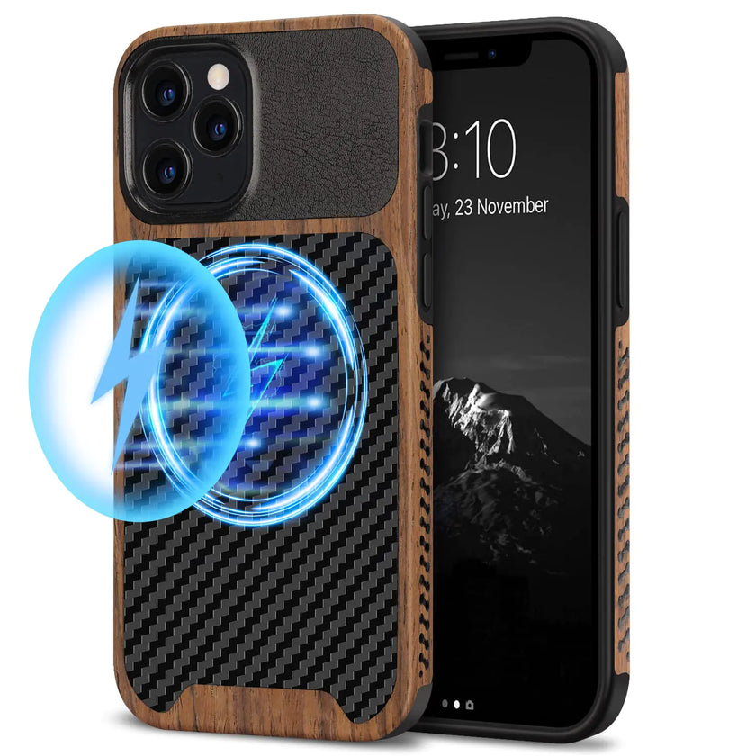 TENDLIN Compatible with iPhone 12 Case/iPhone 12 Pro Case Wood Grain with Carbon Fiber Texture Design Leather Hybrid Case Black