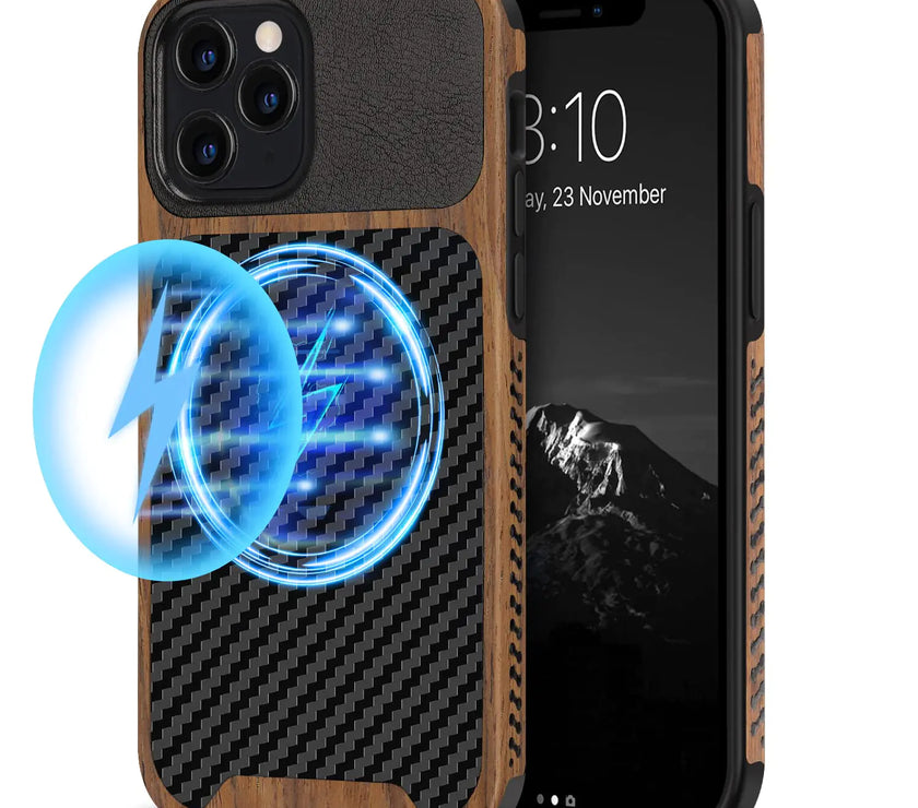 TENDLIN Compatible with iPhone 12 Case/iPhone 12 Pro Case Wood Grain with Carbon Fiber Texture Design Leather Hybrid Case Black
