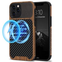TENDLIN Compatible with iPhone 12 Case/iPhone 12 Pro Case Wood Grain with Carbon Fiber Texture Design Leather Hybrid Case Black