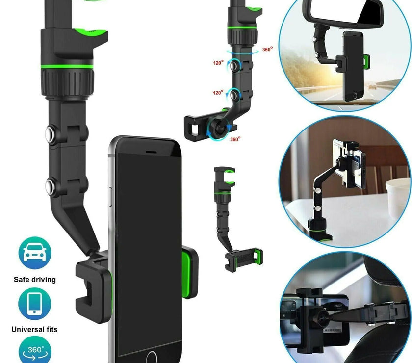 360° Car Rearview Mirror Rotation Adjustable Phone Holder Mount Multifunction