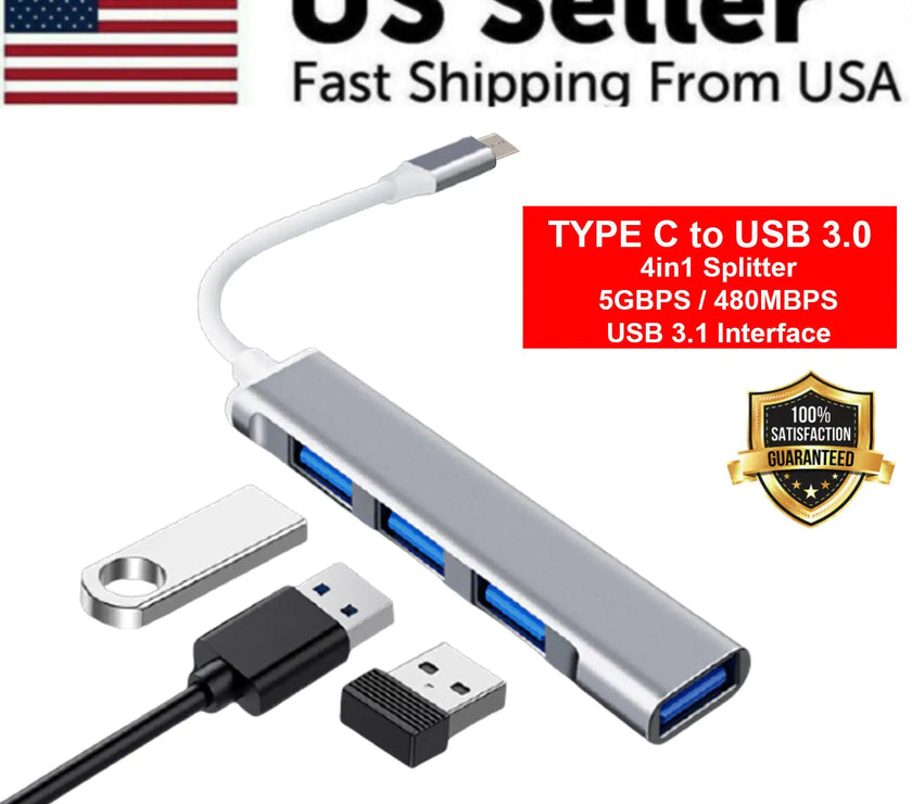 USB-C Type C to USB 3.0 4 Port Hub Splitter For PC Mac Phone MacBook Pro iPad