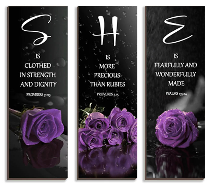 DONFENTHY 3 Pcs Purple Bedroom Decor Purple Rose Wooden Wall Decor Purple Bathroom Decor Inspirational Farmhouse Office Signs With SHE Bible Words Decor For Women Girl Bedroom Home(Purple 12x4Inch)