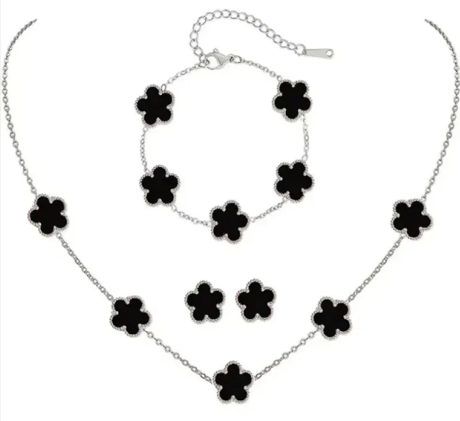 Elegant Five-Leaf Flower Jewelry Set – Titanium Steel Bracelet, Necklace & Stud Earrings