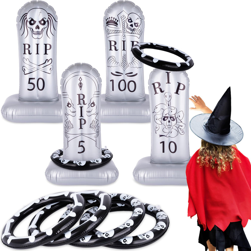 ArtCreativity Tombstone Halloween Ring Toss - Set of 4 - Gravestone Ring Toss Halloween Game for Kids with Weighted Bottoms - Doubles as Inflatable Halloween Decor - Halloween Toss Games