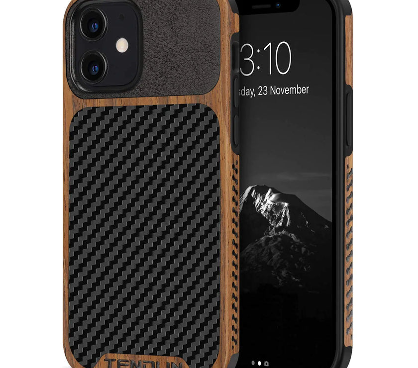 TENDLIN Compatible with iPhone 12 Case/iPhone 12 Pro Case Wood Grain with Carbon Fiber Texture Design Leather Hybrid Case Black