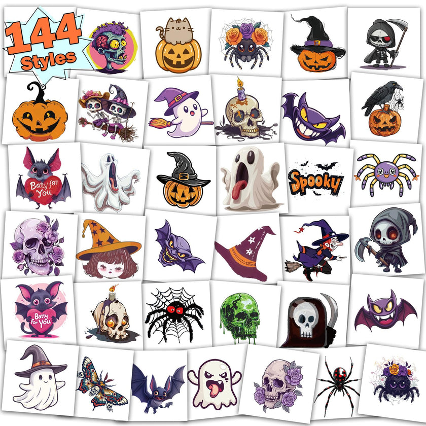 Halloween Tattoos for Kids Halloween Party Favors 144 Styles Halloween Temporary Tattoos for Boys and Girls 2" Non-Toxic Halloween Tattoos Stickers for Halloween Party Bags Gift Stuffers