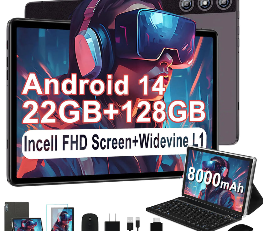 DMOAO Tablet Android Tablet 2024 Tablets with 22GB RAM+128GB ROM/ 1TB Expand 8000mAh Battery Octa-Core 2.0GHz CPU 5G WiFi GPS 10.1 Inch FHD IPS 2 in 1 Tablet PC with Keyboard/Mouse-Gray