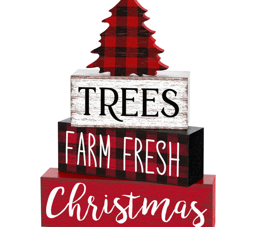 Marsui 4 Pcs Christmas Wooden Tabletop Decor Neutral Christmas Decor Rustic Christmas Tree Block Sign Buffalo Plaid Christmas Table Decor Centerpiece for Home Office Desk Tiered Tray Farmhouse Decor