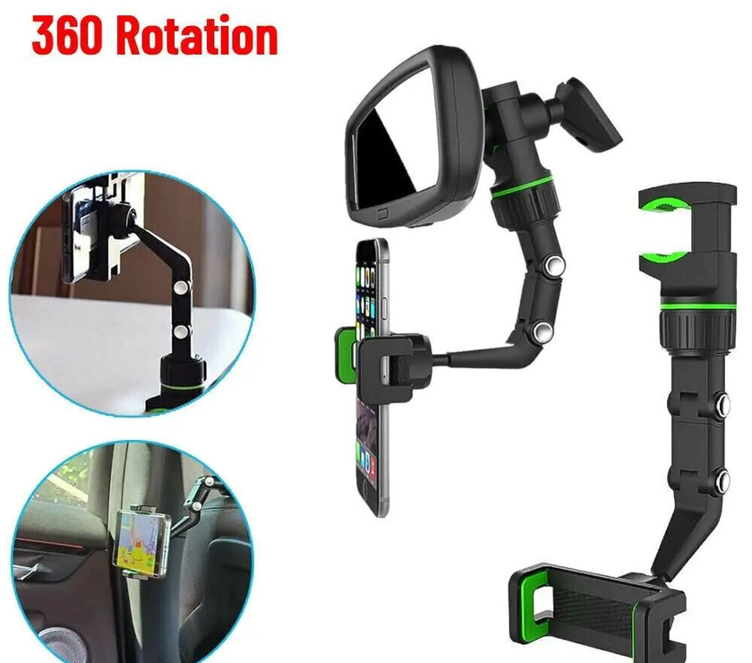 360° Car Rearview Mirror Rotation Adjustable Phone Holder Mount Multifunction